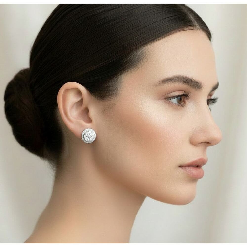 Clip on 1/2" small silver and clear stone round cluster button style earrings